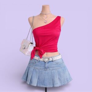 Y2K Weepinlee Red One-Shoulder Tie Crop Top S Going Out Party Glam Coquette Chic